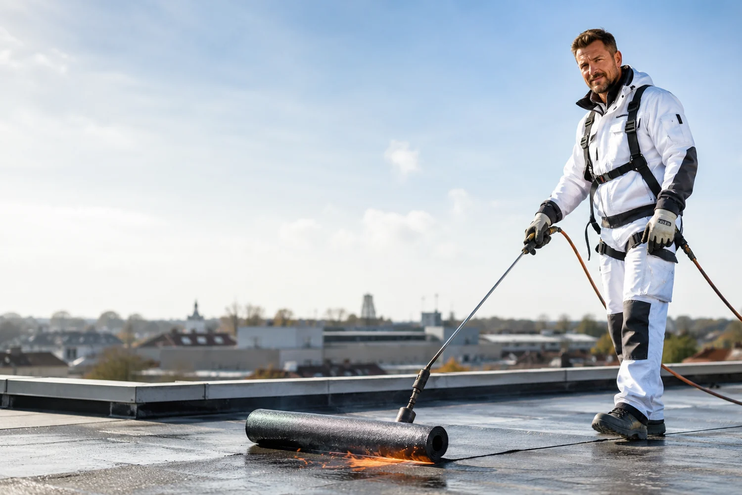 Dakdekker aan het werk op hoogte.