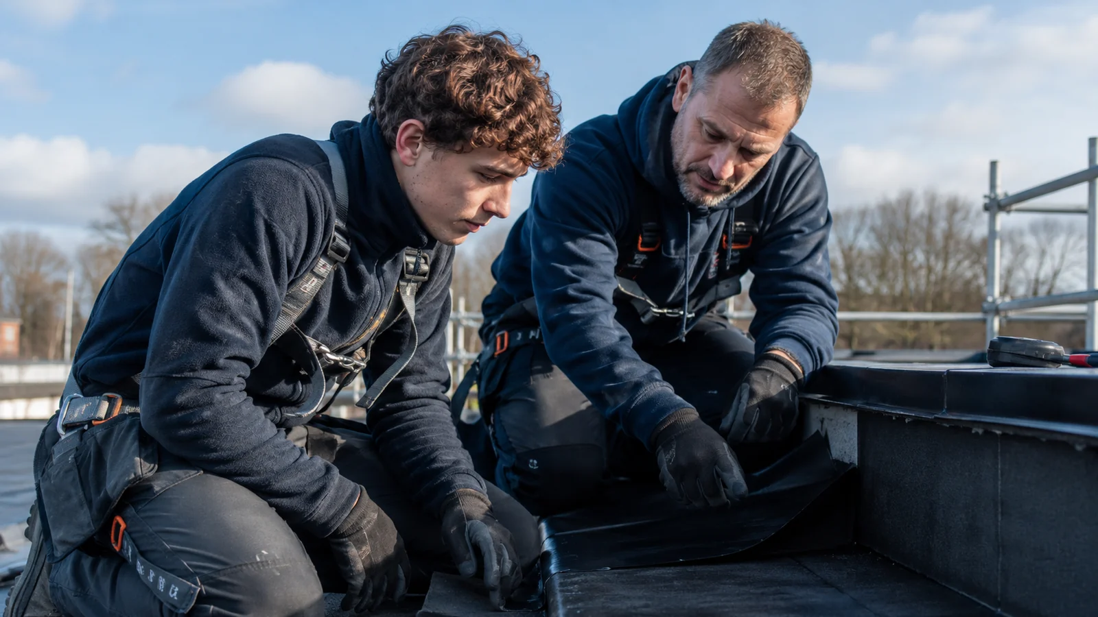 Leerling dakdekker werkt samen met een ervaren mentor op een plat dak.