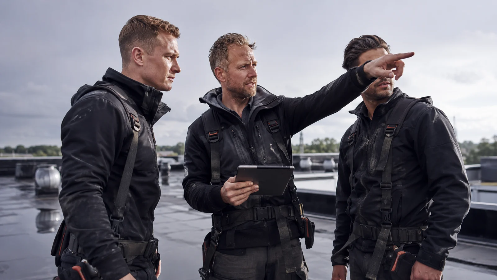 Voorman dakdekker bespreekt een project met twee collega’s op het dak.