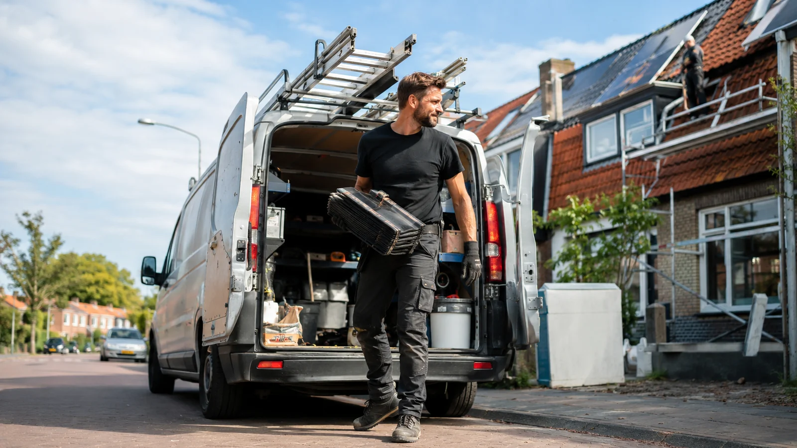 ZZP-dakdekker laadt materiaal uit een bestelbus bij een woningproject.